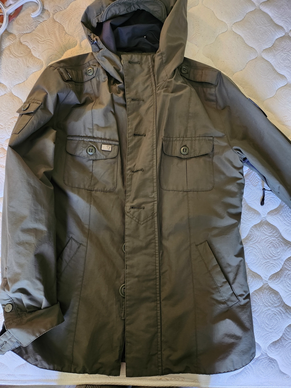 Men's Olive Hooded Windbreaker Coat - Lightweight Utility Jacket